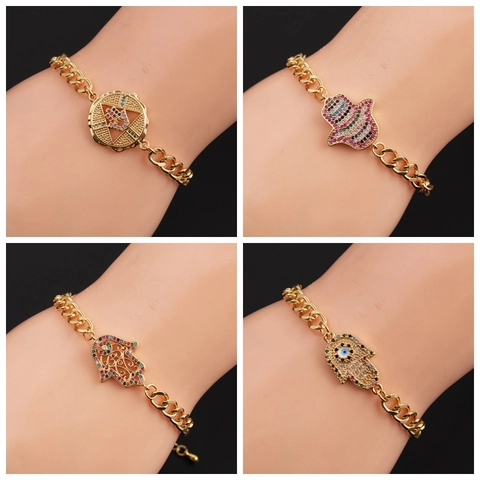 Hamsa Hand Evil Eye Bracelet Gold Plated Copper Colorful Zircon Cuban Link Chain Bohemian Ethnic Jewelry For Women