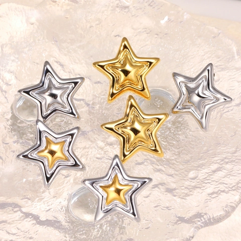 Star Earrings Stainless Steel 18K Gold Plated Layered Pentagram Nested Two Tone Vintage Ins Style Women