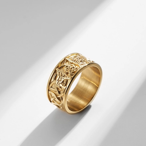 Celtic Knot Viking Wolf Ring Stainless Steel Vintage Nordic Style Wide Band Men Jewelry