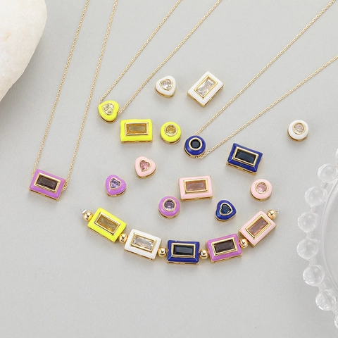 14K Gold Plated Copper Zircon Geometric Charms Enamel Heart Round Rectangle Pendants For DIY Jewelry Bracelet Necklace Accessories