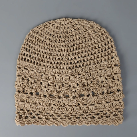 Damen Handgehäkelte Beanie Mütze Dünn Hohle Slouchy Hut Leinenmischung Atmungsaktiv Sonnenschutz Sommer Wald Stil Totenkopfkappe