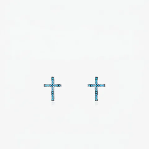 925 Sterling Silver Cross Stud Earrings With Synthetic Turquoise Vintage Simple Elegant Jewelry For Women