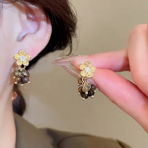 Orecchini Pendenti A Fiore Con Pietra Occhio Di Tigre Zircone Lega E Perno In Argento Sterling 925 Vintage Elegante Donna