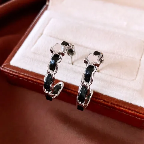 Orecchini A Cerchio A Forma Di C Da Donna Con Catena Intrecciata In Pelle PU Rame E Perno In Argento Sterling 925