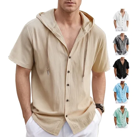 Men Short Sleeve Hooded Shirt Linen Polyester Blend Button Down Loose Fit Casual Summer Lightweight Solid Color Breathable