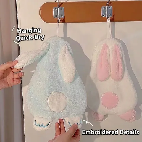 Asciugamano Mani Forma Coniglio Pile Corallo Ispessito Assorbente Appeso Cartone Animato Per Cucina Bagno