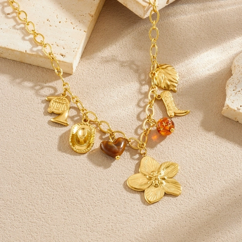 Vintage Halskette Mit Mehreren Anhängern Vergoldeter Edelstahl Blume Cowboystiefel Hut Waldhorn Schmuck Für Damen