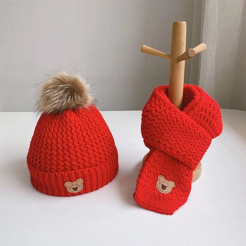 Kids Knit Hat And Scarf Winter Warm Fleece Lined Beanie With Faux Fur Pom Pom Cute Bear Patch For Toddler Boys Girls