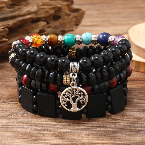 Retro Multilayer Wood Bead Beaded Bracelet Bohemian Tree Of Life Pendant Seven Chakra Jewelry For Men Women Daily Wear