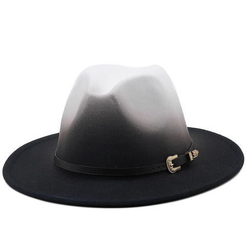 Cappello Fedora Sfumato Tesa Larga Feltro Jazz Con Cinturino In Pelle Fibbia Metallo Moda Vintage Unisex