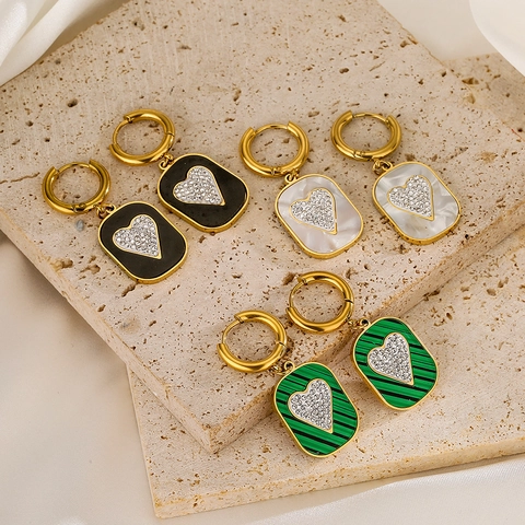 Pendientes De Aro De Acero De Titanio Con Colgante De Corazón Rectangular Circón Estilo Retro De Lujo Para Mujer