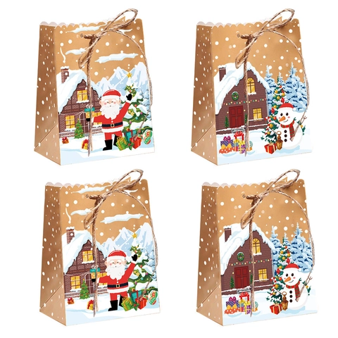 Weihnachtsgeschenktüten Kraftpapier Bonbon Kekse Boxen Mit Hanfseil Weihnachtsmann Schneemann Muster Festliche Party