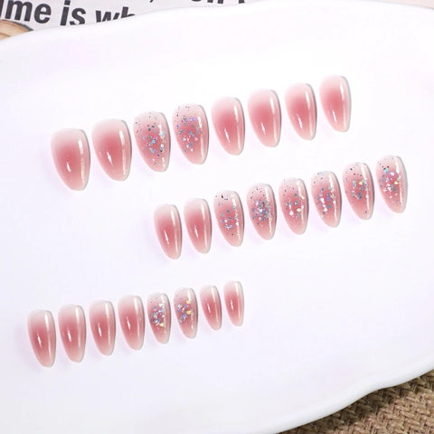 Press On Nails Almond Shape Pink Gradient Silver Glitter Holographic Heart Sequins Artificial False Finger Nails For Women