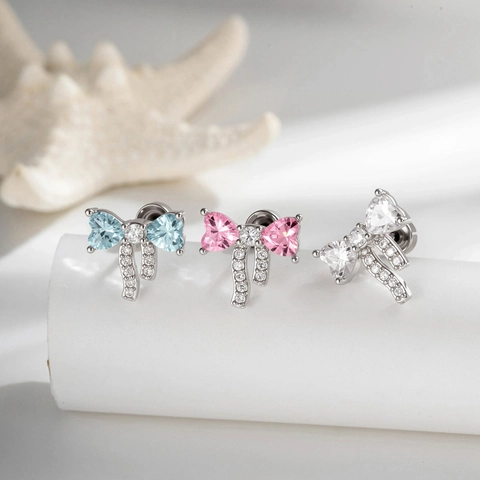 Boucle Oreille Cartilage Cœur Nœud Papillon Zircone Acier Titane Dos À Vis Cuivre Bijoux Piercing Femme