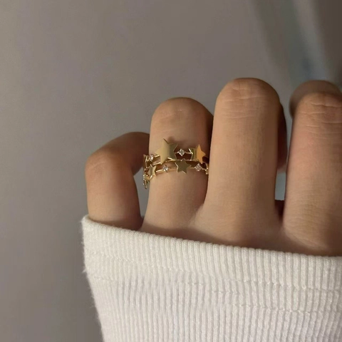 Vintage Star Open Ring Copper Zircon Multi Layer Gold Color Light Luxury Jewelry For Women