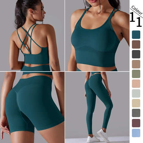 Conjunto De Yoga Sin Costuras Mujer Nylon Spandex Acanalado Sujetador Deportivo Espalda Cruzada Shorts Leggings Fitness