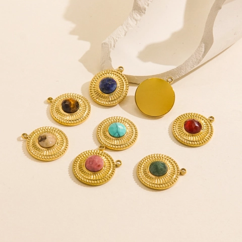 Stainless Steel Natural Stone Pendants Sunburst Geometric DIY Jewelry Making Accessories Gold Plated Round Charms Women