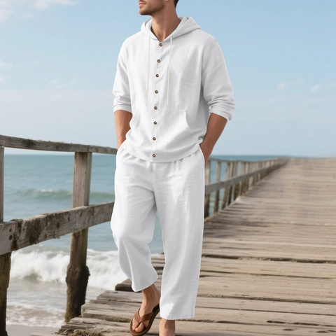 Herren Freizeit Leinenmischung Kapuzen Langarmshirt Und Kordelzug Lange Hose Strand Urlaub Locker Modisch Bequem Outfit