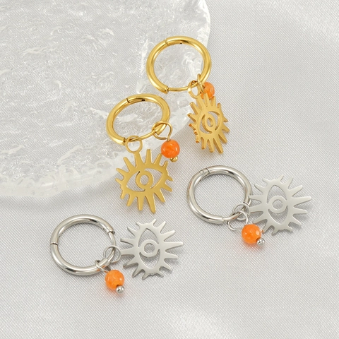 Evil Eye Hoop Ohrringe Edelstahl Mit 18K Vergoldetem Sonnenstrahl Hohl Anhänger Und Orangem Naturstein Für Damen