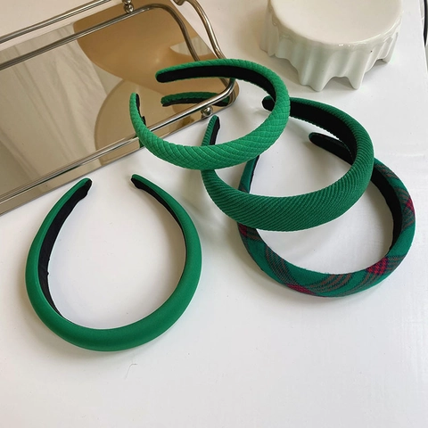 Green Padded Sponge Headbands For Women Fabric Ribbed Plaid Quilted Design High Top Retro Style Hair Accessories