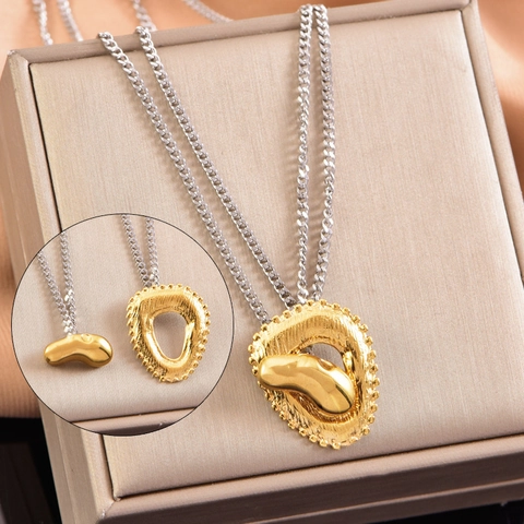 Collier Pendentif Cœur Ovale Goutte en Acier Inoxydable Bicolore pour Femme Bijoux de Mode à Double Chaîne Géométrique
