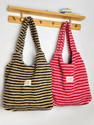Women's Autumn Winter Plush Tote Bag Large Capacity Lambswool Stripe Shoulder Bag Casual Chic Everyday Handbag