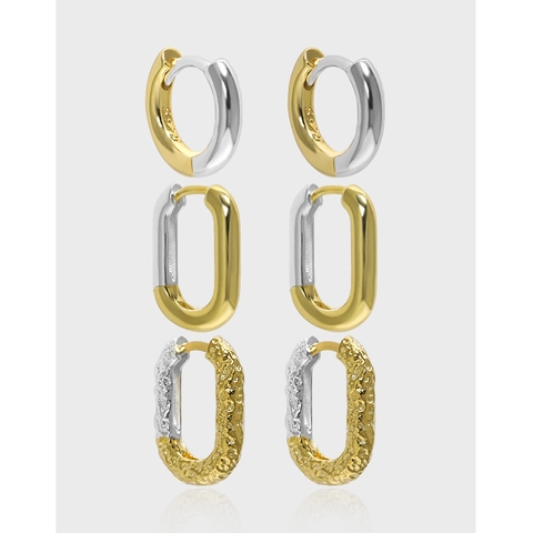 Minimalistische S925 Sterling Zilveren Hoop Oorbellen Dames Tweekleurig 18K Verguld Geometrisch Getextureerd Rond Sieraden