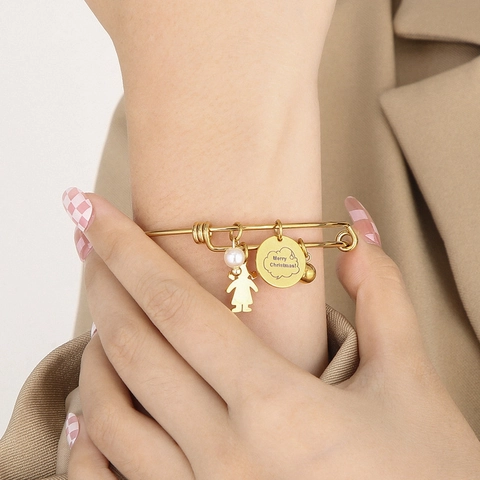 Christmas Stainless Steel Bangle Bracelet With Artificial Pearl Little Girl Charms Merry Christmas Disc Adjustable For Women