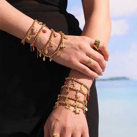 Edelstahl Multi Charm Armband Fußkettchen Vergoldet Bambus Gliederkette Herz Stern Tier Zirkon Emaille Modeschmuck Für Damen