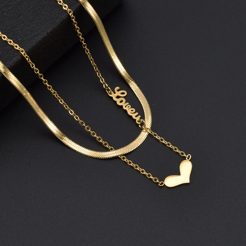 Double Layer Necklace Stainless Steel Heart And Love Pendant Gold Plated Snake Chain Elegant Jewelry For Women