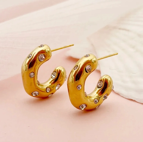 Pendientes De Acero Inoxidable En Forma De C Con Circonitas Y Perlas Artificiales Chapados En Oro Estilo Chic Para Mujeres