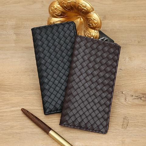 Herren Geldbörse Lang Gewebte Textur PU Leder Business Handtasche Mehrere Kartenfächer Zweifach Faltbar Minimalistisch