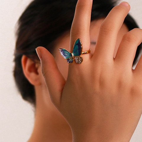Elegant Butterfly Ring Stainless Steel 18K Gold Plated Enamel Gradient Blue Purple Rhinestone Adjustable Open Jewelry Women