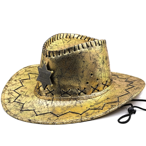 Cappello Da Cowboy Western Sheriff Ecopelle Tesa Larga Stella Distintivo Regolabile Retrò Festa Cosplay Unisex