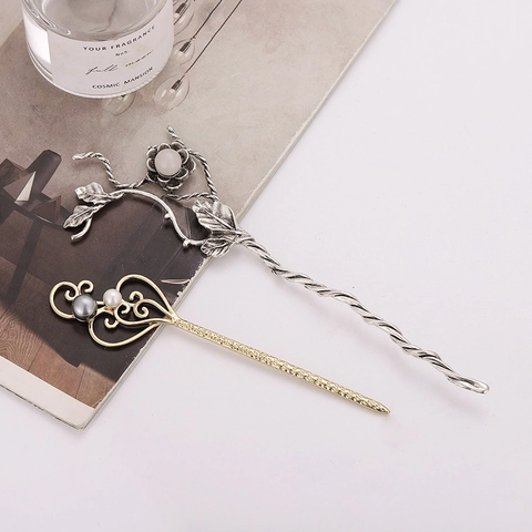 Horquilla De Pelo De Aleación Vintage Con Perla Artificial Estilo Antiguo Elegante Corazón Hueco Hoja Accesorio Para El Cabello