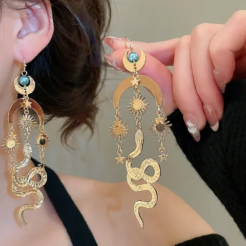 Boucles D Oreilles Bohèmes Serpent Lune Et Soleil En Alliage Avec Faux Künstliche Perle Et Tige En Argent Style Mystique Pour Femmes