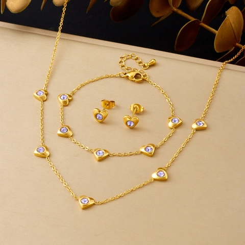 Forma Di Cuore Strass Viola Acciaio Inossidabile Placcato Oro Collana Bracciale E Orecchini Gioielli Per Donna Stile Coreano Semplice Squisito