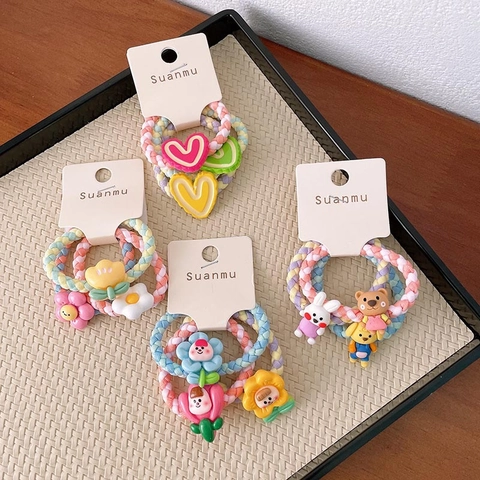 Braided Colorful Elastic Hair Ties With Cartoon Animal Fruit Flower Resin Ornaments Ponytail Holders For Kids Girls