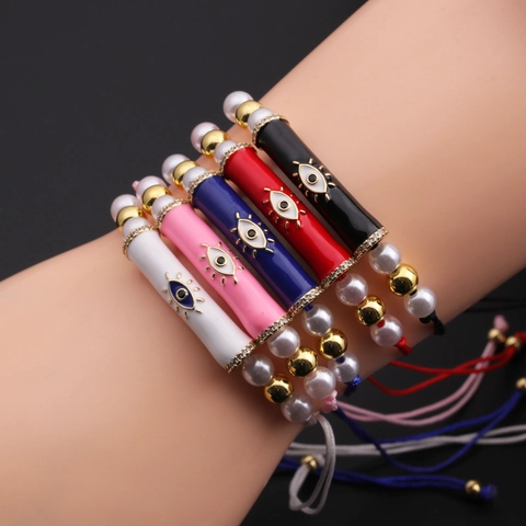 Evil Eye Charm Bracelet Copper Beads Enamel Faux Artificial Pearl Braided Rope Adjustable Handmade Fashion Jewelry Women