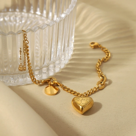 Heart Pendant Bracelet Stainless Steel Round Plate Charm Irregular Thick Chain Gold Plated Vintage Jewelry For Women