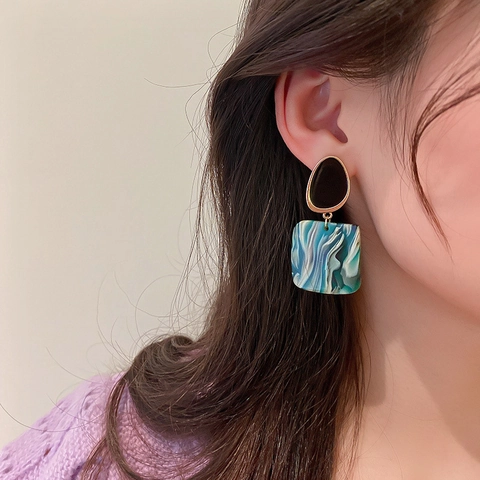Geometric Square Drop Earrings Acrylic Marble Texture Vintage Style For Women With 925 Sterling Silver Earring Post