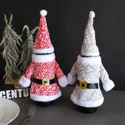 Christmas Wine Bottle Cover Decoration Knitted Santa Claus Clothes Hat Set Festive Table Ornament Xmas Party Decor