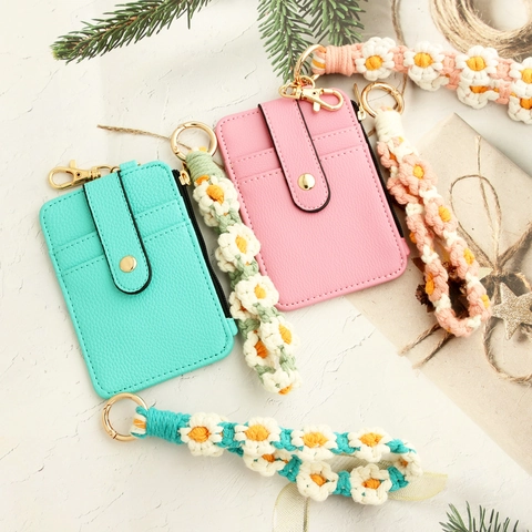 Women PU Leather Card Holder Wallet Minimalist Litchi Pattern Zipper Coin Purse With Key Ring Metal Hook For Daily Use