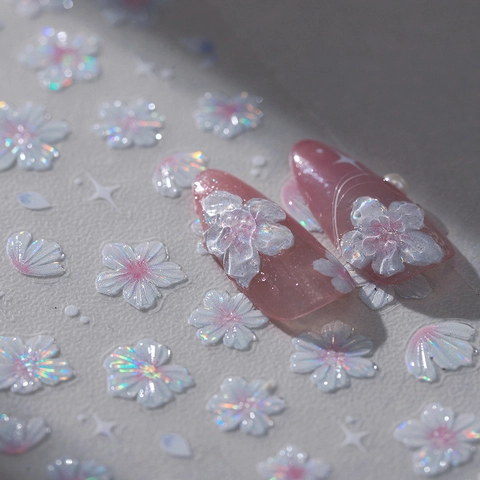 Nagelaufkleber 5D Relief Holografische Kirschblüte Blumenmuster Selbstklebende Maniküre Abziehbilder Für Frauen Mädchen