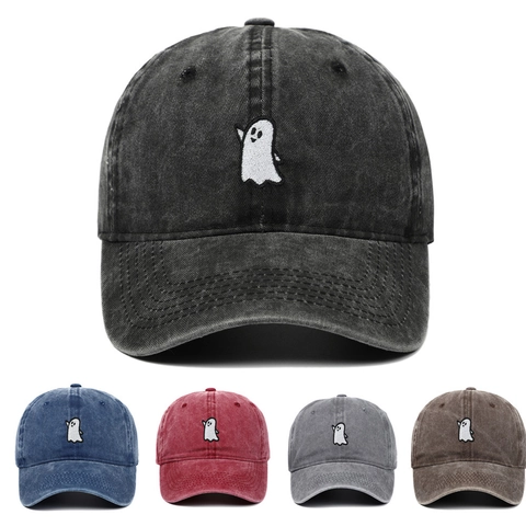 Ghost Embroidery Baseball Cap Washed Cotton Vintage Distressed Dad Hat Adjustable Casual Outdoor Sun Protection Unisex