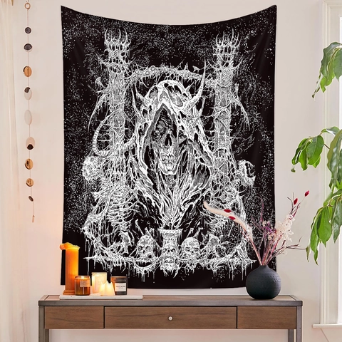 Tapiz De Pared Gótico Cráneo Segador Tela De Fondo Arte Oscuro Poliéster Colgante Para Dormitorio Sala Decoración Hogar