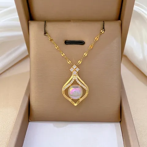 Teardrop Pendant Necklace Titanium Steel Chain Copper Micro Set Cubic Zirconia Faux Opal Bead Clavicle Jewelry For Women