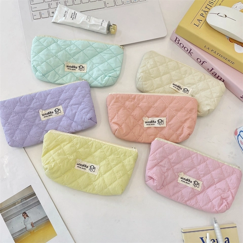 Pencil Case Quilted Stationery Bag Large Capacity Macaron Color Portable Zipper Organizer For Students School Office