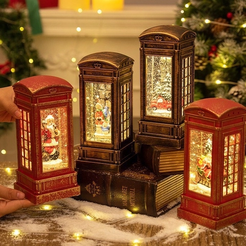 Weihnachts Schneekugel Telefonzelle Laterne Musik LED Beleuchtet Glitzer Wasser Schneefall Retro Feiertag Deko