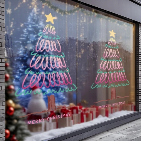 Christmas Window Stickers Static Cling PVC Reusable Christmas Tree Glass Door Decals Holiday Party Shop Window Decorations